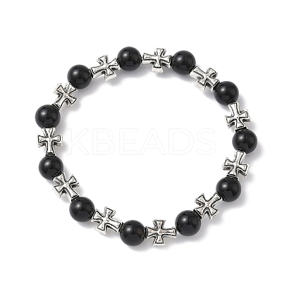 3Pcs Natural Black Onyx & Larvikite & Malaysia Jade Round Beads Stretch Bracelets BJEW-JB12343-1