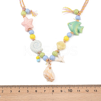 Ceramics Starfish Fish & Resin Shell Shape Pendant Adjustable Cotton Cord Necklaces for Women NJEW-Z100-01B-G-1