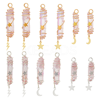 12Pcs 6 Styles Electroplated Natural Quartz Crystal Pointed Copper Wire Wrapped Bullet Pendants PALLOY-FH00161-1