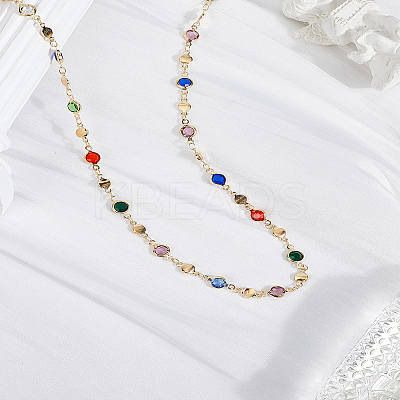 1Pc Brass & Alloy Colorful Glass Flat Round Link Chain Necklaces NJEW-LP0002-85G-1