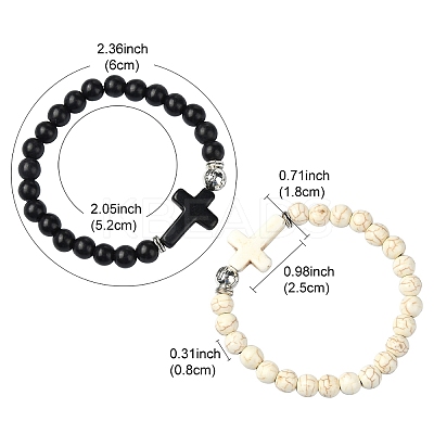2Pcs 2 Color Dyed Synthetic Turquoise Cross & Alloy Beaded Stretch Bracelets Set BJEW-YW00002-02-1