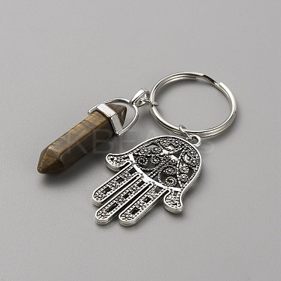 Bullet Natural Wood Lace Stone Pendant Keychain with Hamsa Hand/Hand of Miriam with Eye Charm KEYC-WH0029-79C-1