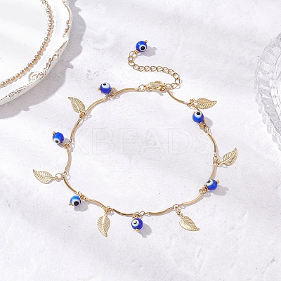 Handmade Evil Eye Lampwork & Stainless Steel Leaf Tassel 304 Stainless Steel Curved Bar Link Chain Anklets for Women AJEW-AN00742-02-1