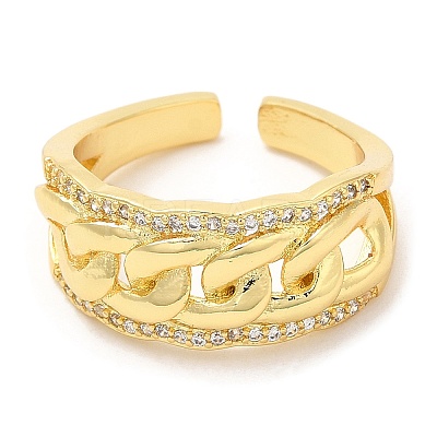 Rack Plating Brass Curb Chains Shape Open Cuff Ring with Cubic Zirconia RJEW-R138-01G-1