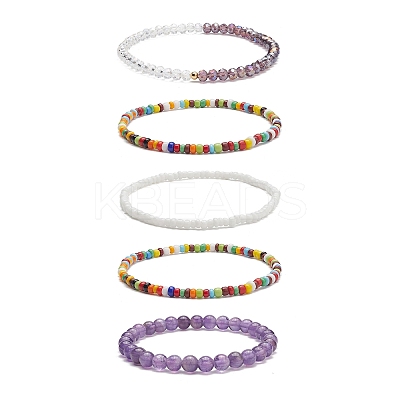 Faceted Glass & Natural Amethyst Stretch Beaded Bracelets Sets BJEW-TA00202-04-1