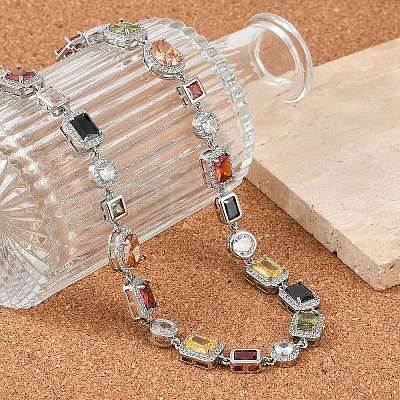 Brass Colorful Cubic Zirconia Cup Chain Oval & Rectangle Necklaces for Women NJEW-M079-05P-1