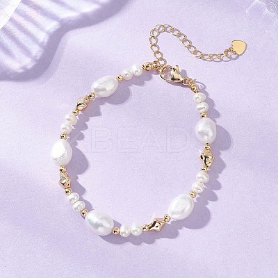 Natural Cultured Freshwater Pearl & Brass Beaded Bracelets for Women BJEW-JB13366-1