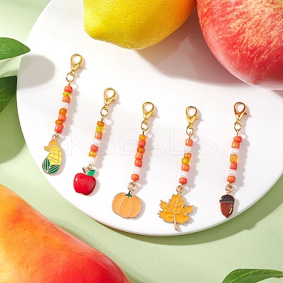 5Pcs 5 Styles Thanksgiving Day Alloy Enamel & Glass Seed Leaf Pumpkin Corn Pendant Decorations HJEW-JM04316-1