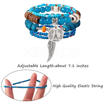 5Pcs 5 Style Wood & Glass Seed & Acrylic Beaded Stretch Bracelets Set with Baseball JB709A-1