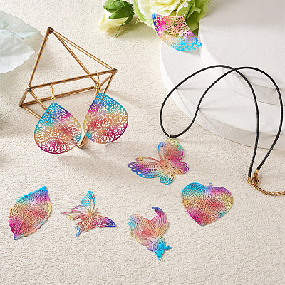 16Pcs 8 Style 430 Stainless Steel Filigree Pendants STAS-BY0001-15-1