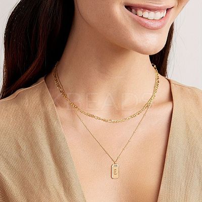 Brass Micro Pave Clear Cubic Zirconia Rectangle with Initial Pendant Double Layer Necklaces for Women FS-WG478B5-05-1