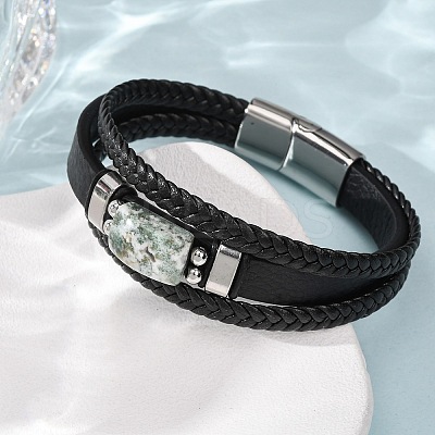 Natural Moss Agate & Braided Microfiber Leather Multi-strand Bracelets for Women Men GG-CBAEA55-01B-1