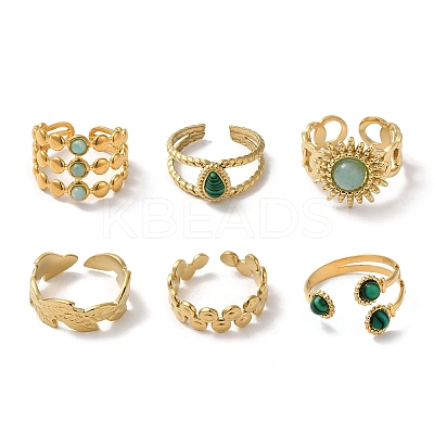 6Pcs 6 Style Leaf & Sun & Teardrop 304 Stainless Steel Open Cuff Rings Set RJEW-P092-06G-M-1