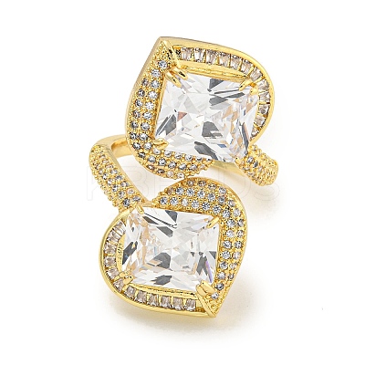 Rack Plating Brass Micro Pave Cubic Zirconia Heart Open Cuff Ring for Women RJEW-C082-16G-1
