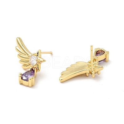 Purple Cubic Zirconia Wing with Teardrop Dangle Stud Earrings EJEW-G297-01G-1