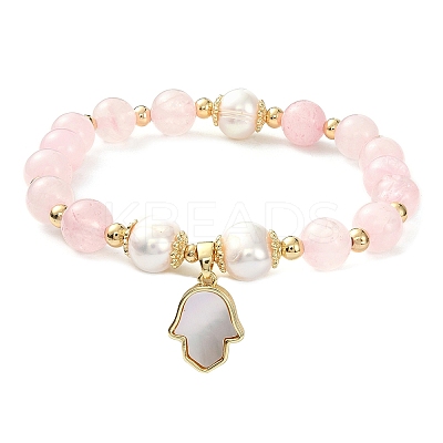 Natural Rose Quartz & Pearl Beaded Stretch Bracelet BJEW-JB09360-02-1