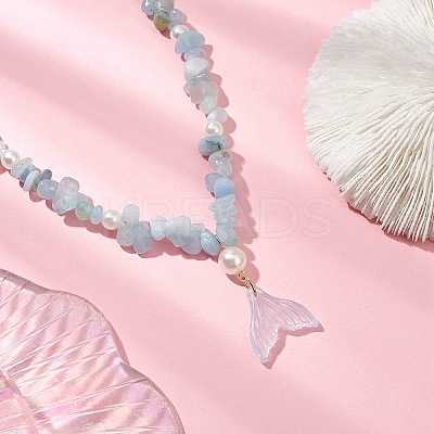 Natural Aquamarine Chip & Imitaton Round Pearl Beaded Adjustable Necklaces NJEW-JN05227-05-1