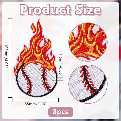 8Pcs Baseball with Fire Polyester Computerized Embroidery Cloth Iron on/Sew on Patches PATC-HY0002-01-1