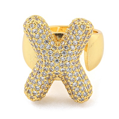 Brass Micro Pave Clear Cubic Zirconia Letter Open Cuff Ring for Women RJEW-M173-01G-X-1