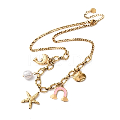 304 Stainless Steel Starfish Dolphin Shell Pink Enamel Rainbow Pendant Necklaces for Women NJEW-F346-01G-1