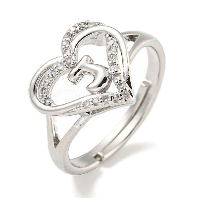 Heart with Letter Rack Plating Brass Micro Pave Clear Cubic Zirconia Adjustable Rings for Women RJEW-I105-01P-J-1