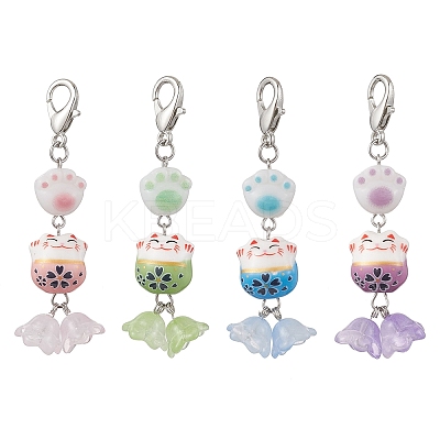 4Pcs Maneki Neko Handmade Porcelain Beads Pendant Decorations HJEW-JM04252-1