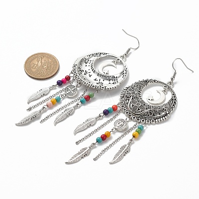Alloy Moon Web with Feather Chandelier Earrings EJEW-JE05120-1