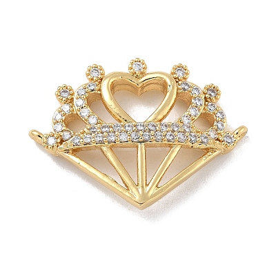 Rack Plating Brass Micro Pave Clear Cubic Zirconia Heart Crown Connector Charms KK-A234-060G-1