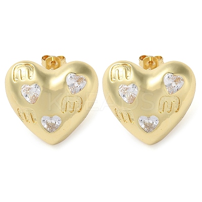 Heart Brass Micro Pave Clear Cubic Zirconia Stud Earrings EJEW-A034-06G-1