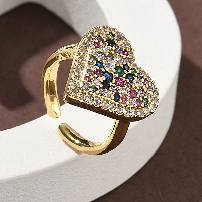 Heart Brass Micro Pave Cubic Zirconia Cuff Rings for Women RJEW-A069-12G-04-1