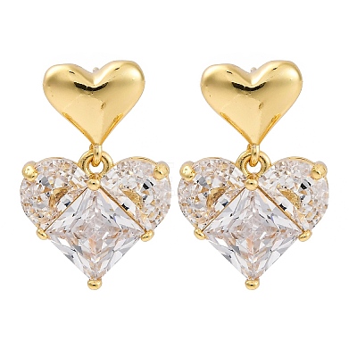 Rack Plating Heart Brass Micro Pave Clear Cubic Zirconia Dangle Stud Earrings EJEW-H147-18G-1