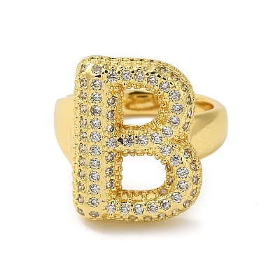 Letter Brass Micro Pave Clear Cubic Zirconia Open Cuff Ring for Women RJEW-N046-03B-G-1