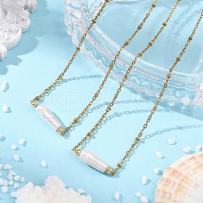 Natural Baroque Keshi Pearl Column Pendant 304 Stainless Steel Satellite Chain Necklaces NJEW-JN06338-01-1