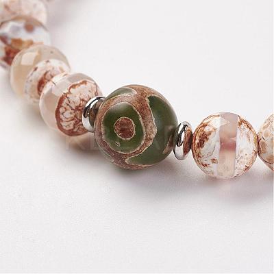 Natural Tibetan Style dZi Agate Bead Stretch Bracelets BJEW-JB03098-02-1
