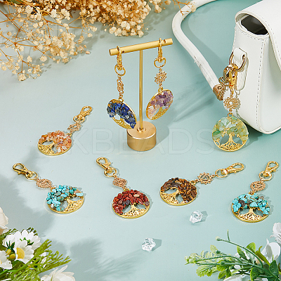 14Pcs 7 Colors Chakra Natural & Synthetic Gemstone Chips Beads & Alloy Tree of Life Pendant Decorations HJEW-FH00151-1