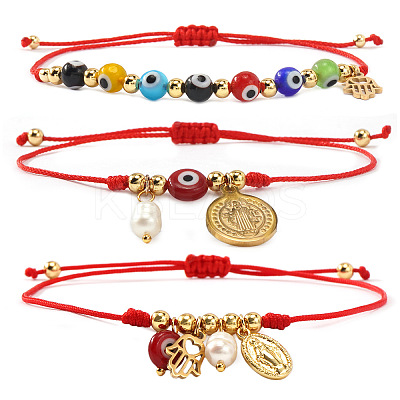 3Pcs Brass & 304 Stainless Steel Virgin Mary Charm Bracelets BA3044-1-1