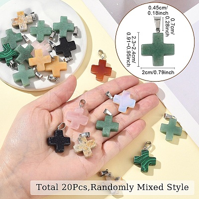 20Pcs Opalite/Synthetic Goldstone/Malachite/Turquoise/Natural Blue Spot Jasper/Crazy Agate/Green Aventurine/Indian Agate/Topaz Jade Cross Pendants G-YW0002-27-1