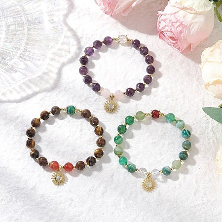 3Pcs Natural Striped Agate &  Amethyst & Tiger Eye & Rose Quartz & Quartz Crystal Round Beaded Bracelets for Women BJEW-JB11934-1