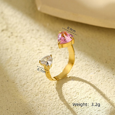 Heart 304 Stainless Steel Micro Pave Cubic Zirconia Open Cuff Rings RJEW-S415-01G-02-1