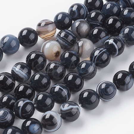 Round Dyed & Heated Natural Black Agate Beads Strands X-G-G582-8mm-07-1