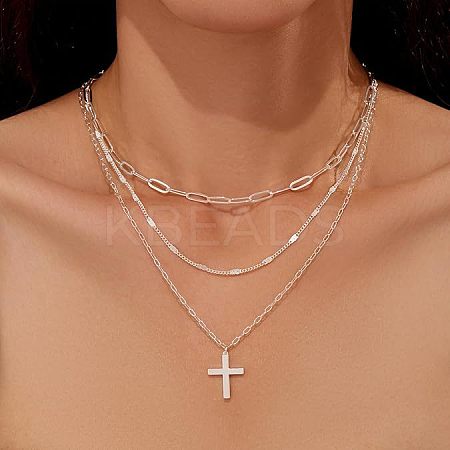3Pcs Brass Paperclip Chain 3 Layer Pendant Necklaces for Women WGF7A64-06-1