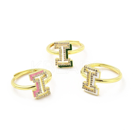 Mixed Color Enamel Initial Letter Adjustable Ring with Clear Cubic Zirconia RJEW-P045-01G-I-1