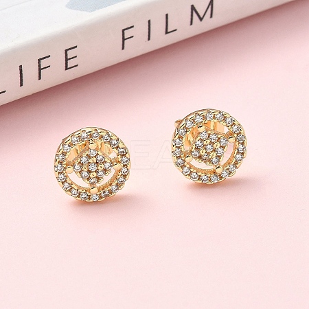 Round Brass Micro Pave Clear Cubic Zirconia Stud Earrings LS-EJEW-Z144-02G-1