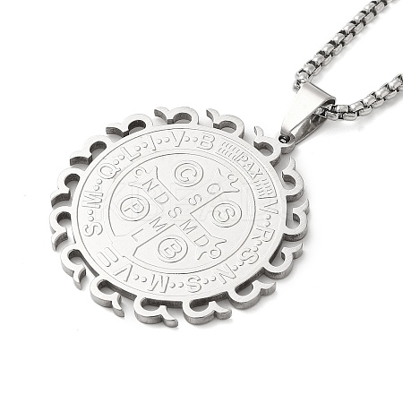 201 Stainless Steel Box Chain Saint Benedict Medal Pendant Necklaces for Women NJEW-M008-01P-1