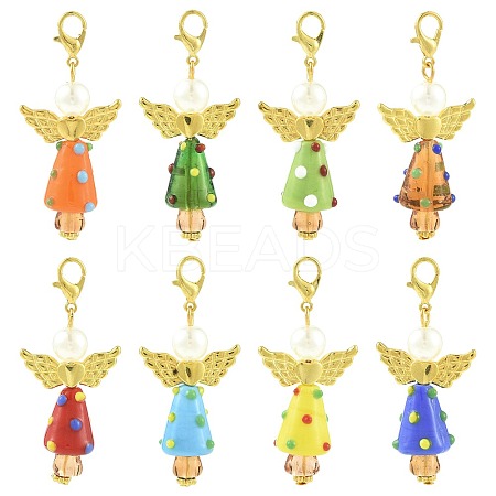 8Pcs Christmas Angel Handmade Lampwork & ABS Plastic Imitation Pearl Pendant Decorations HJEW-FS00065-1