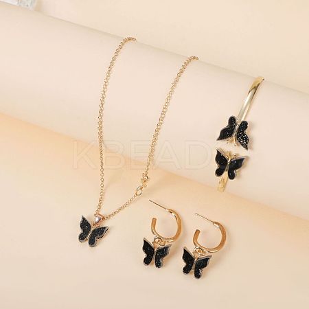 Butterfly Alloy Acrylic Pendant Necklace & Stud Dangle Earring & Cuff Bangles Sets for Women FS-WG2F59A-02-1