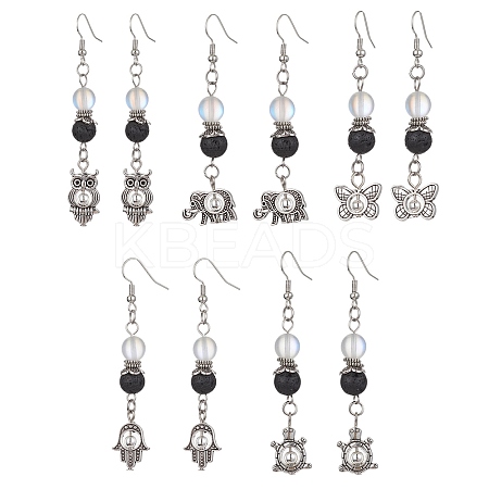 5 Pairs 5 Styles Natural Lava Rock Round Beaded Dangle Earrings EJEW-JE05476-S-1