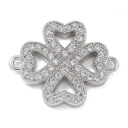 Rack Plating Brass Micro Pave Clear Cubic Zirconia Clover Connector Charms KK-A234-042P-1