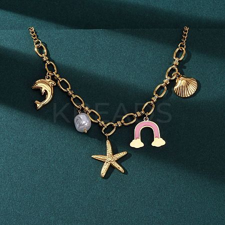 304 Stainless Steel Starfish Dolphin Shell Pink Enamel Rainbow Pendant Necklaces for Women NJEW-F346-01G-1