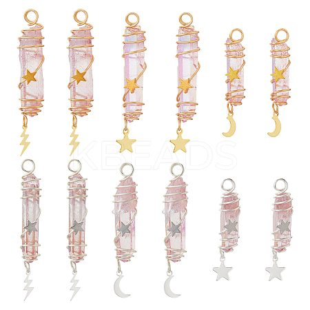 12Pcs 6 Styles Electroplated Natural Quartz Crystal Pointed Copper Wire Wrapped Bullet Pendants PALLOY-FH00161-1